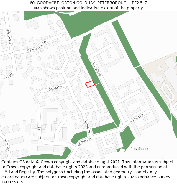 60, GOODACRE, ORTON GOLDHAY, PETERBOROUGH, PE2 5LZ: Location map and indicative extent of plot