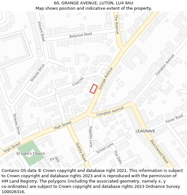 60, GRANGE AVENUE, LUTON, LU4 9AU: Location map and indicative extent of plot