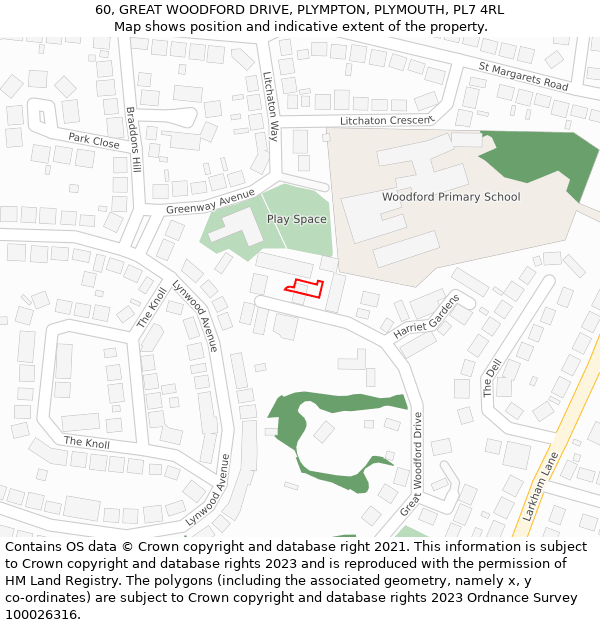 60, GREAT WOODFORD DRIVE, PLYMPTON, PLYMOUTH, PL7 4RL: Location map and indicative extent of plot