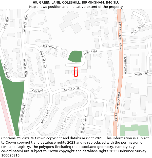 60, GREEN LANE, COLESHILL, BIRMINGHAM, B46 3LU: Location map and indicative extent of plot