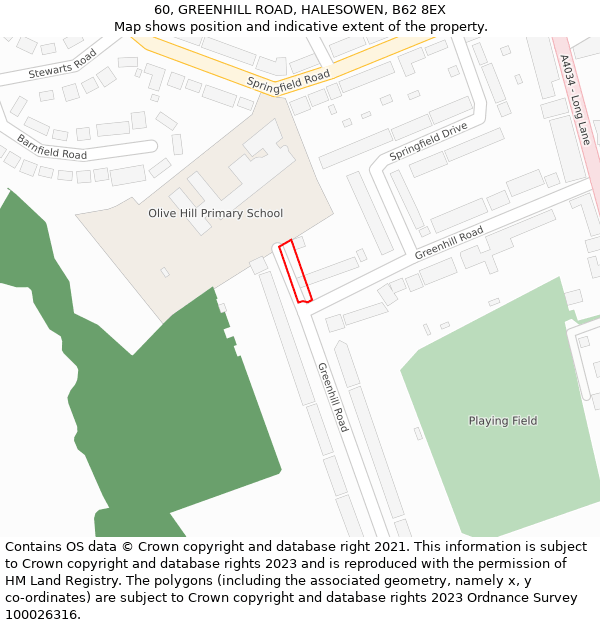 60, GREENHILL ROAD, HALESOWEN, B62 8EX: Location map and indicative extent of plot