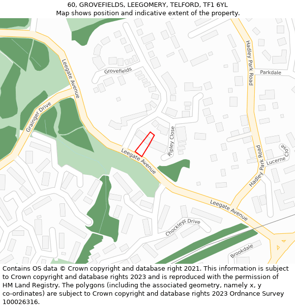 60, GROVEFIELDS, LEEGOMERY, TELFORD, TF1 6YL: Location map and indicative extent of plot