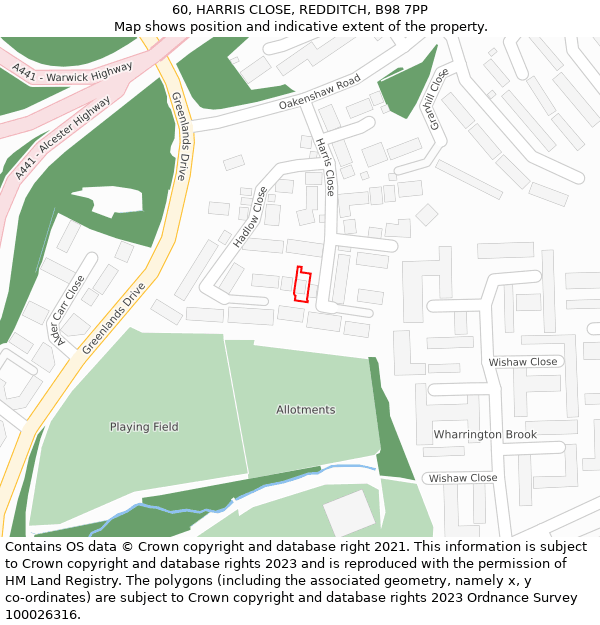 60, HARRIS CLOSE, REDDITCH, B98 7PP: Location map and indicative extent of plot