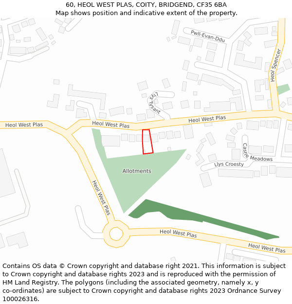 60, HEOL WEST PLAS, COITY, BRIDGEND, CF35 6BA: Location map and indicative extent of plot