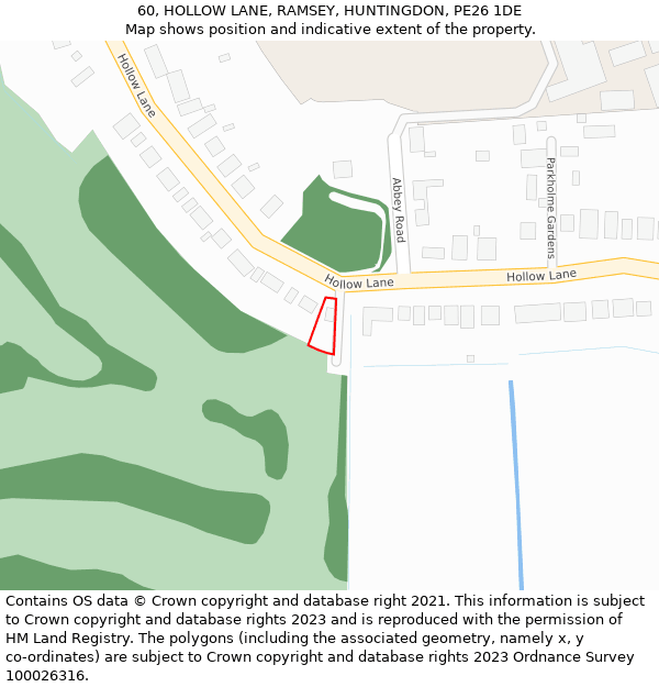 60, HOLLOW LANE, RAMSEY, HUNTINGDON, PE26 1DE: Location map and indicative extent of plot