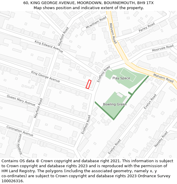 60, KING GEORGE AVENUE, MOORDOWN, BOURNEMOUTH, BH9 1TX: Location map and indicative extent of plot