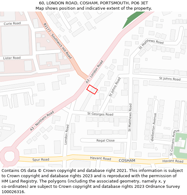 60, LONDON ROAD, COSHAM, PORTSMOUTH, PO6 3ET: Location map and indicative extent of plot