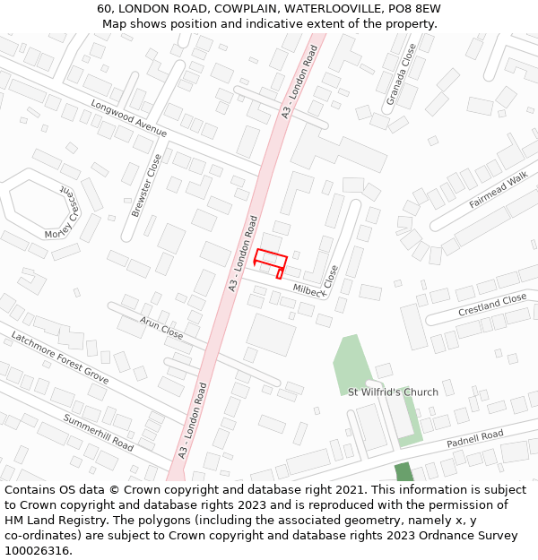 60, LONDON ROAD, COWPLAIN, WATERLOOVILLE, PO8 8EW: Location map and indicative extent of plot