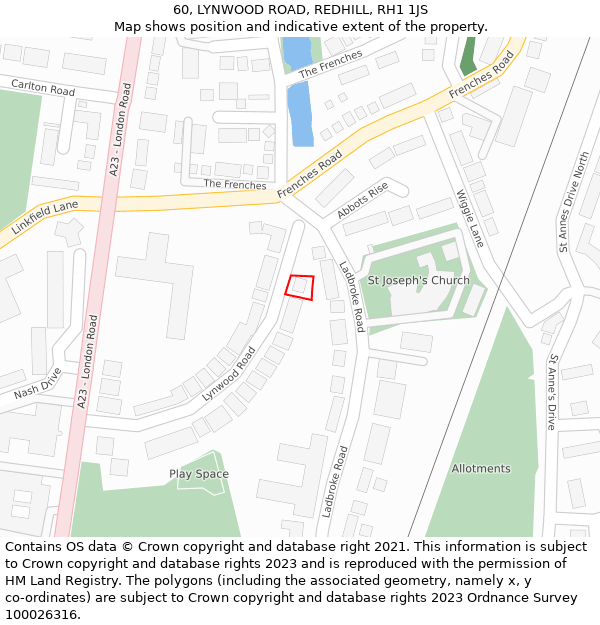 60, LYNWOOD ROAD, REDHILL, RH1 1JS: Location map and indicative extent of plot