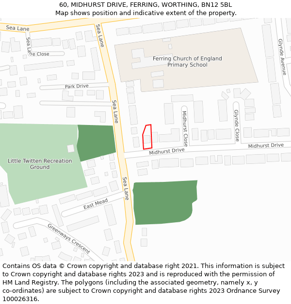 60, MIDHURST DRIVE, FERRING, WORTHING, BN12 5BL: Location map and indicative extent of plot