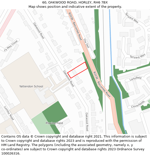 60, OAKWOOD ROAD, HORLEY, RH6 7BX: Location map and indicative extent of plot