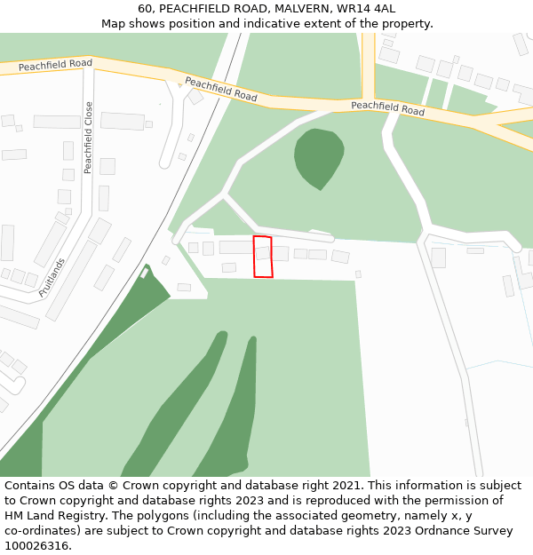 60, PEACHFIELD ROAD, MALVERN, WR14 4AL: Location map and indicative extent of plot