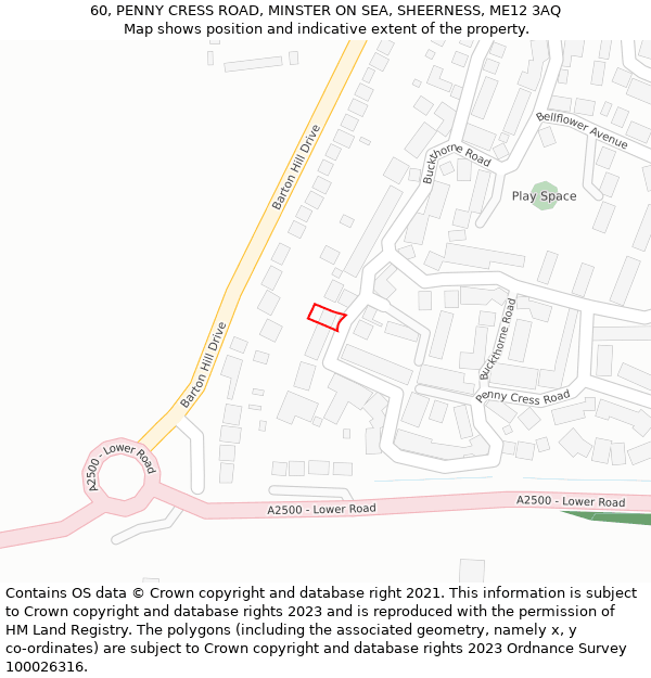 60, PENNY CRESS ROAD, MINSTER ON SEA, SHEERNESS, ME12 3AQ: Location map and indicative extent of plot
