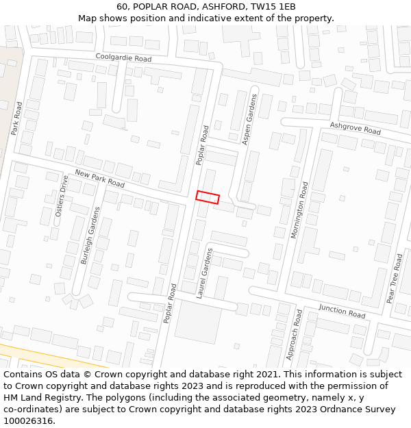 60, POPLAR ROAD, ASHFORD, TW15 1EB: Location map and indicative extent of plot