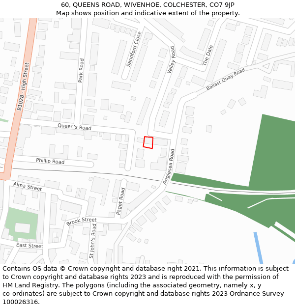 60, QUEENS ROAD, WIVENHOE, COLCHESTER, CO7 9JP: Location map and indicative extent of plot