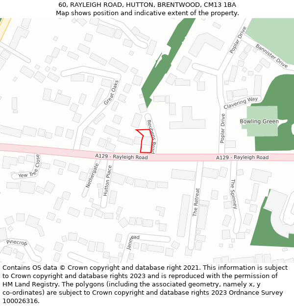 60, RAYLEIGH ROAD, HUTTON, BRENTWOOD, CM13 1BA: Location map and indicative extent of plot