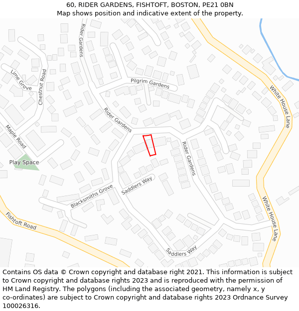 60, RIDER GARDENS, FISHTOFT, BOSTON, PE21 0BN: Location map and indicative extent of plot