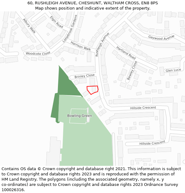 60, RUSHLEIGH AVENUE, CHESHUNT, WALTHAM CROSS, EN8 8PS: Location map and indicative extent of plot