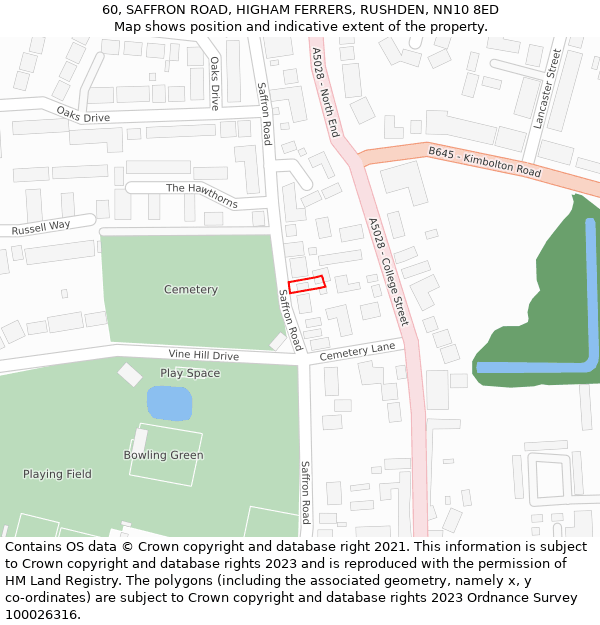 60, SAFFRON ROAD, HIGHAM FERRERS, RUSHDEN, NN10 8ED: Location map and indicative extent of plot