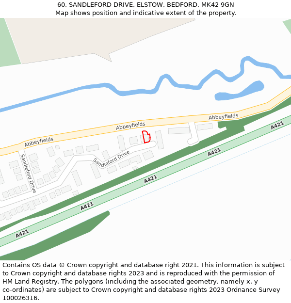 60, SANDLEFORD DRIVE, ELSTOW, BEDFORD, MK42 9GN: Location map and indicative extent of plot