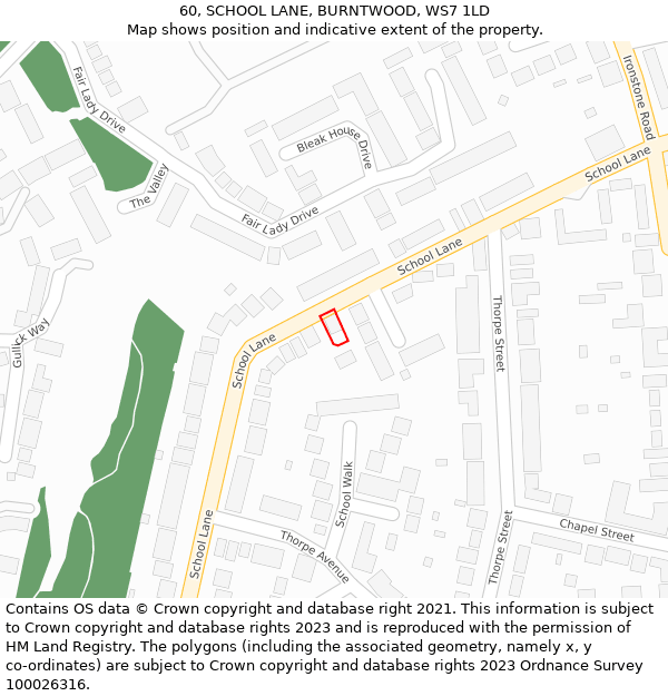60, SCHOOL LANE, BURNTWOOD, WS7 1LD: Location map and indicative extent of plot