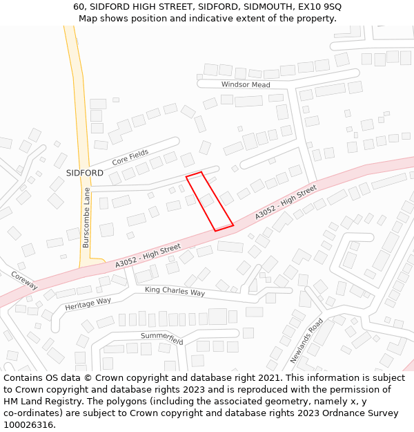 60, SIDFORD HIGH STREET, SIDFORD, SIDMOUTH, EX10 9SQ: Location map and indicative extent of plot