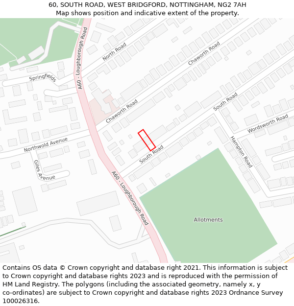 60, SOUTH ROAD, WEST BRIDGFORD, NOTTINGHAM, NG2 7AH: Location map and indicative extent of plot