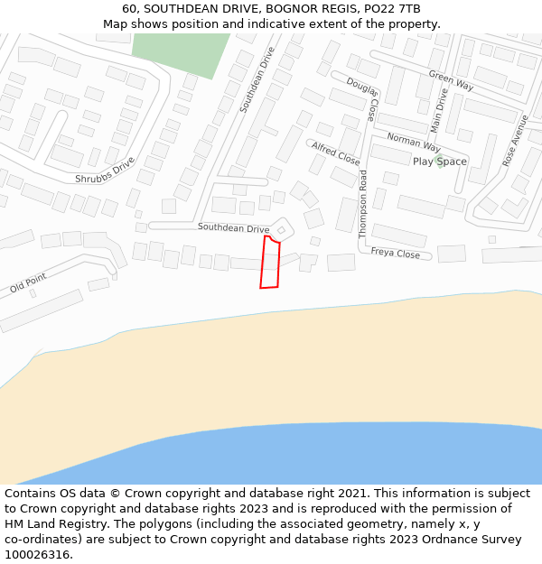 60, SOUTHDEAN DRIVE, BOGNOR REGIS, PO22 7TB: Location map and indicative extent of plot