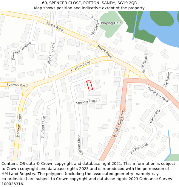 60, SPENCER CLOSE, POTTON, SANDY, SG19 2QR: Location map and indicative extent of plot