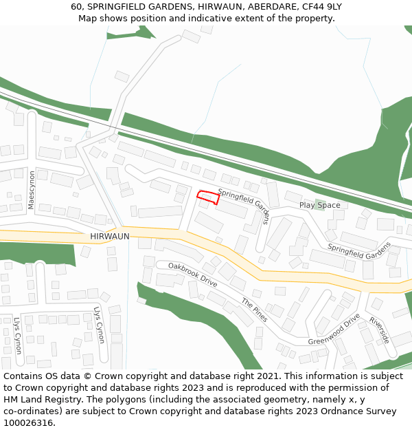 60, SPRINGFIELD GARDENS, HIRWAUN, ABERDARE, CF44 9LY: Location map and indicative extent of plot