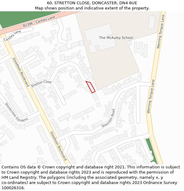 60, STRETTON CLOSE, DONCASTER, DN4 6UE: Location map and indicative extent of plot