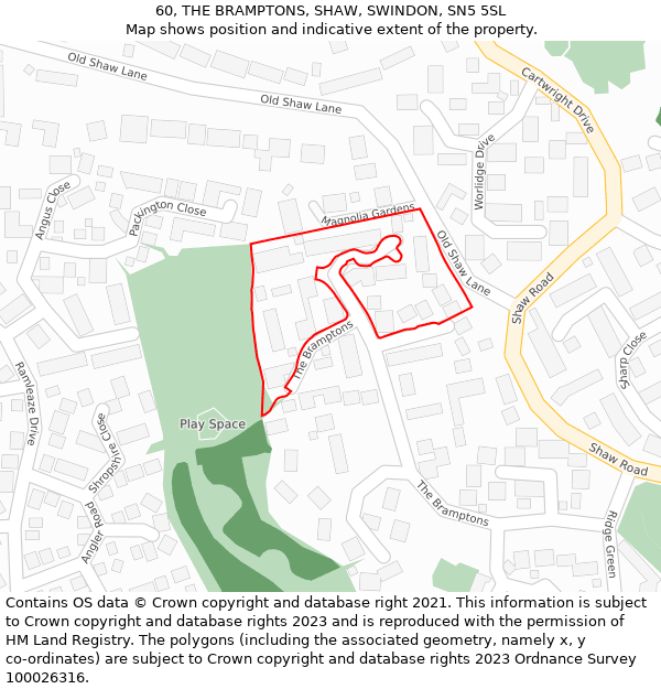 60, THE BRAMPTONS, SHAW, SWINDON, SN5 5SL: Location map and indicative extent of plot