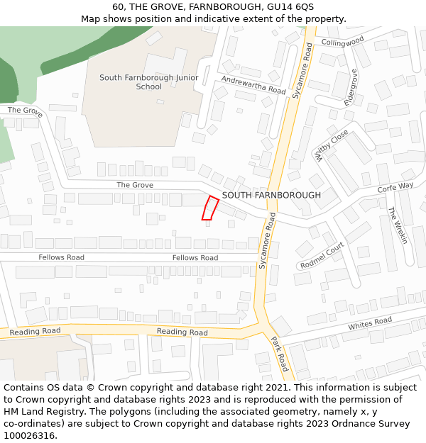 60, THE GROVE, FARNBOROUGH, GU14 6QS: Location map and indicative extent of plot