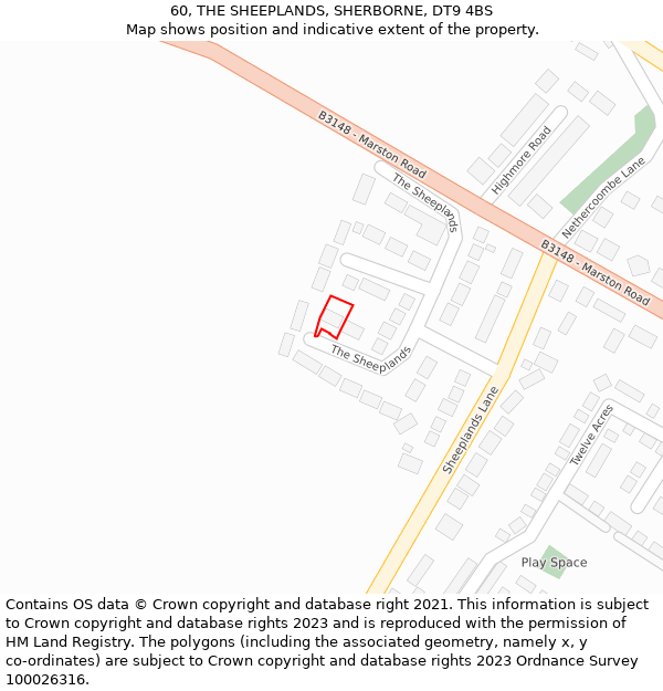 60, THE SHEEPLANDS, SHERBORNE, DT9 4BS: Location map and indicative extent of plot