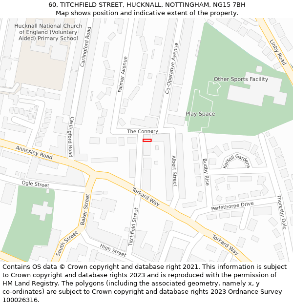 60, TITCHFIELD STREET, HUCKNALL, NOTTINGHAM, NG15 7BH: Location map and indicative extent of plot