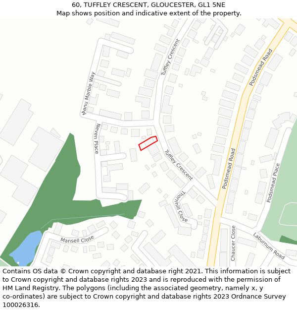 60, TUFFLEY CRESCENT, GLOUCESTER, GL1 5NE: Location map and indicative extent of plot