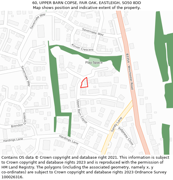 60, UPPER BARN COPSE, FAIR OAK, EASTLEIGH, SO50 8DD: Location map and indicative extent of plot