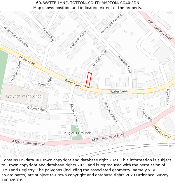 60, WATER LANE, TOTTON, SOUTHAMPTON, SO40 3DN: Location map and indicative extent of plot