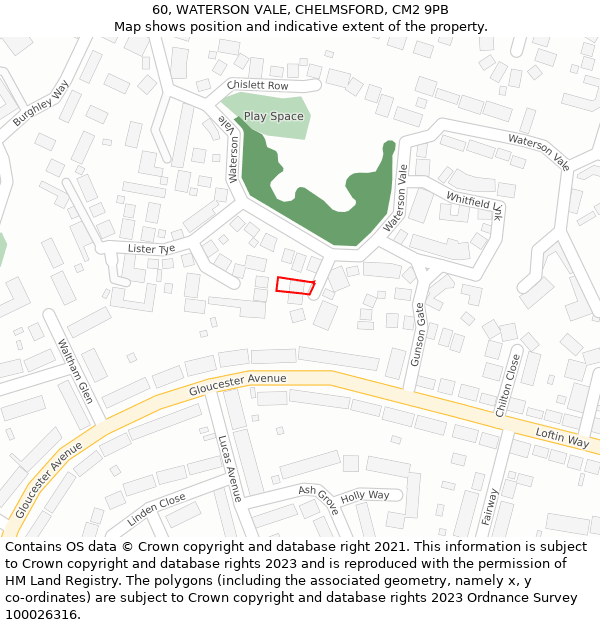 60, WATERSON VALE, CHELMSFORD, CM2 9PB: Location map and indicative extent of plot