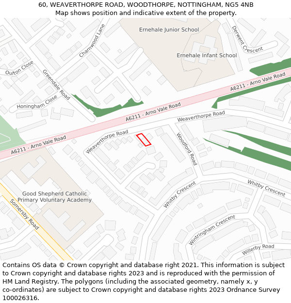 60, WEAVERTHORPE ROAD, WOODTHORPE, NOTTINGHAM, NG5 4NB: Location map and indicative extent of plot