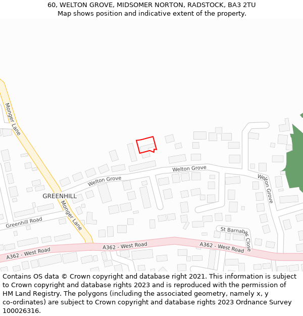 60, WELTON GROVE, MIDSOMER NORTON, RADSTOCK, BA3 2TU: Location map and indicative extent of plot