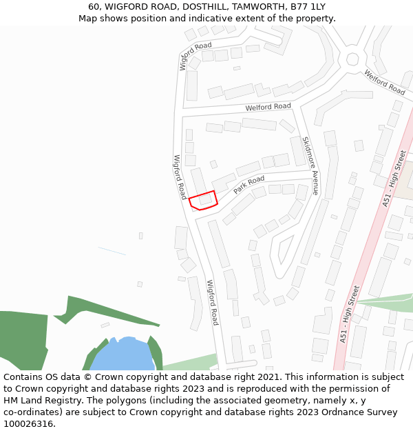60, WIGFORD ROAD, DOSTHILL, TAMWORTH, B77 1LY: Location map and indicative extent of plot