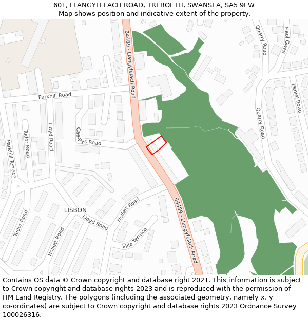 601, LLANGYFELACH ROAD, TREBOETH, SWANSEA, SA5 9EW: Location map and indicative extent of plot