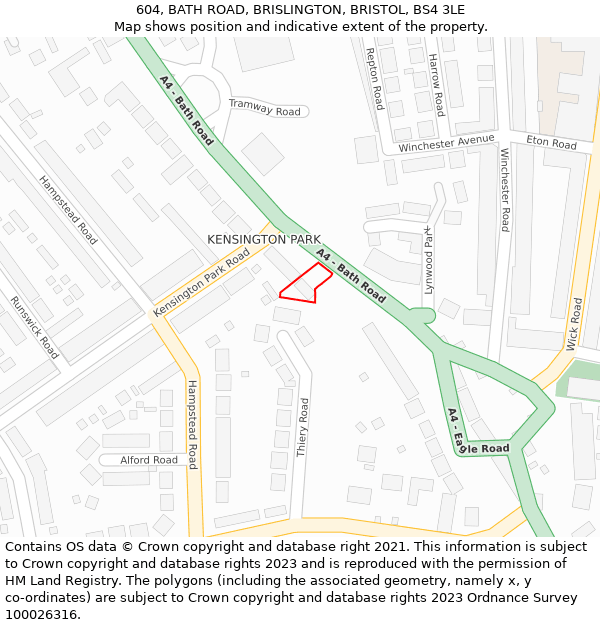 604, BATH ROAD, BRISLINGTON, BRISTOL, BS4 3LE: Location map and indicative extent of plot