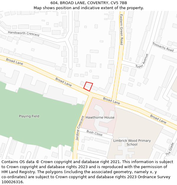604, BROAD LANE, COVENTRY, CV5 7BB: Location map and indicative extent of plot
