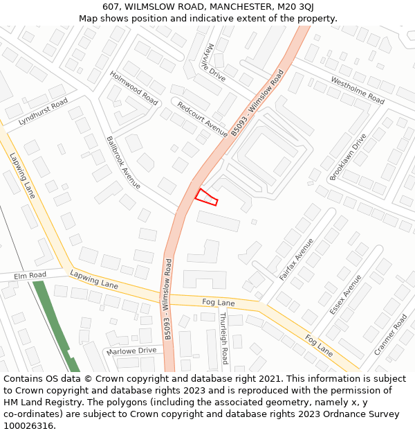 607, WILMSLOW ROAD, MANCHESTER, M20 3QJ: Location map and indicative extent of plot