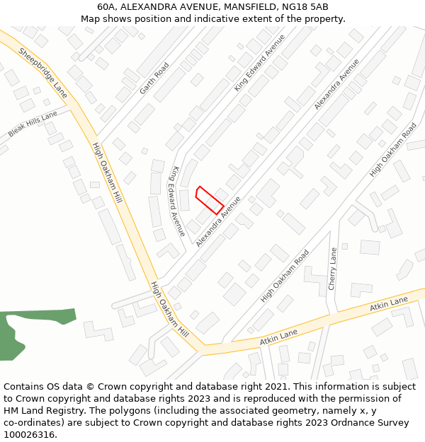 60A, ALEXANDRA AVENUE, MANSFIELD, NG18 5AB: Location map and indicative extent of plot