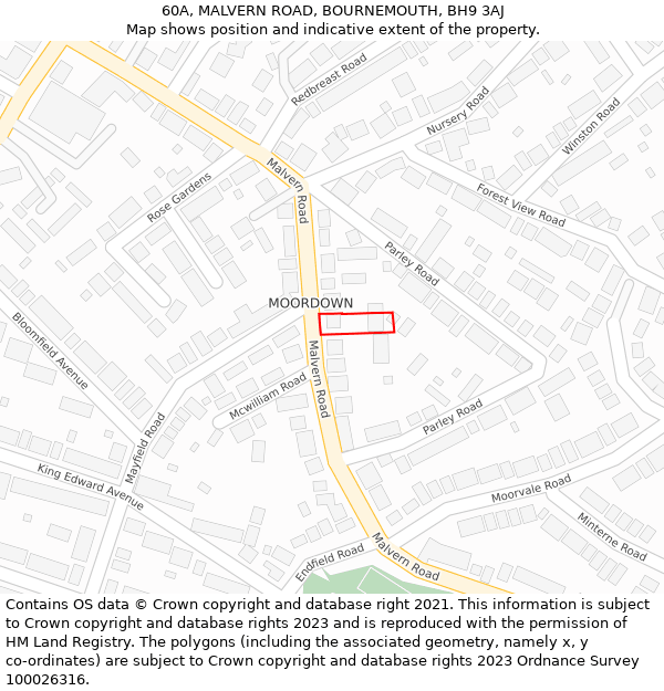 60A, MALVERN ROAD, BOURNEMOUTH, BH9 3AJ: Location map and indicative extent of plot