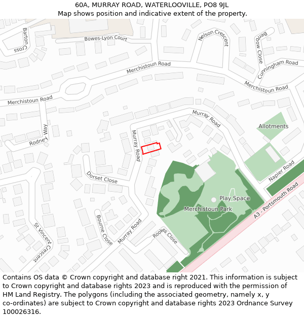 60A, MURRAY ROAD, WATERLOOVILLE, PO8 9JL: Location map and indicative extent of plot