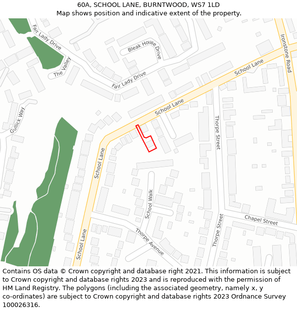 60A, SCHOOL LANE, BURNTWOOD, WS7 1LD: Location map and indicative extent of plot